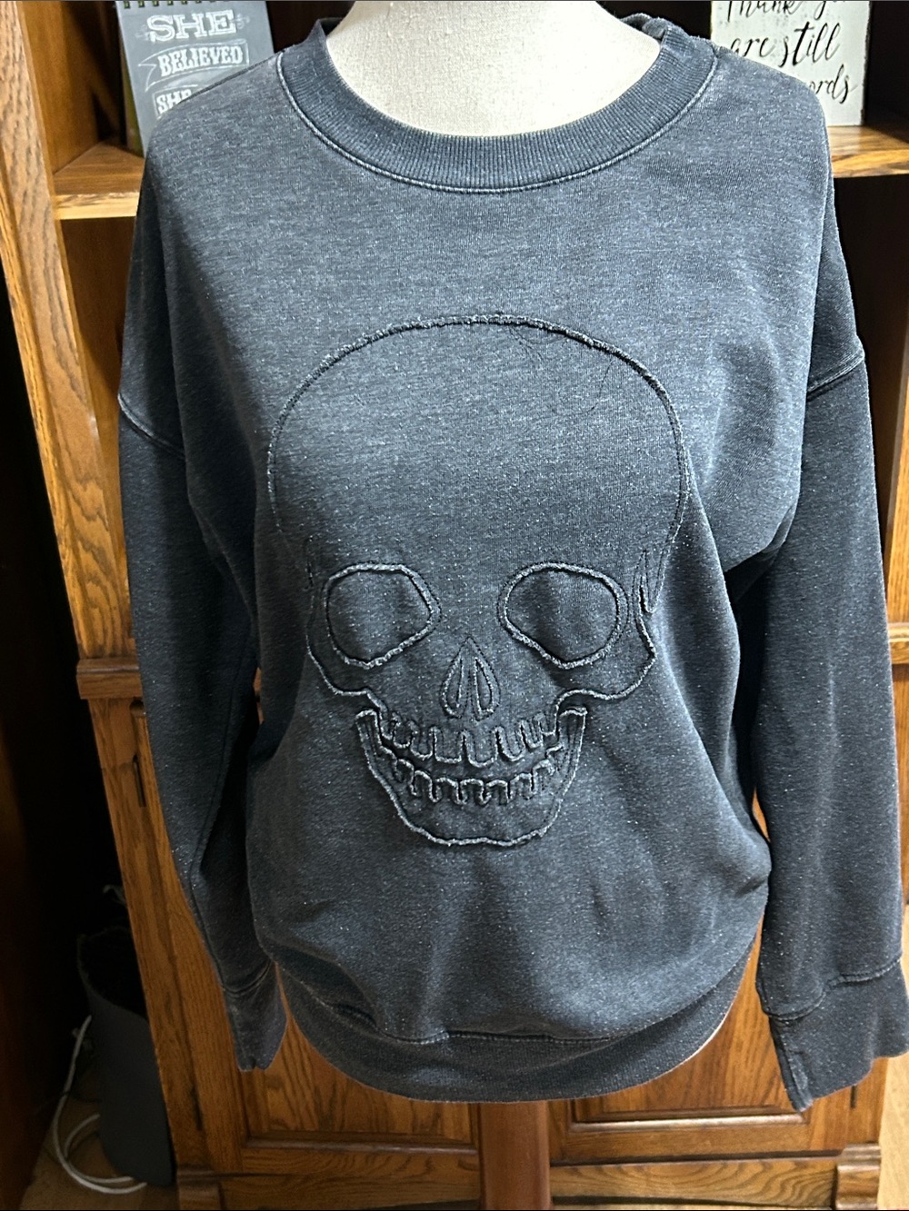 Maurices Washed Charcoal Skull Crewneck Sweatshirt Small